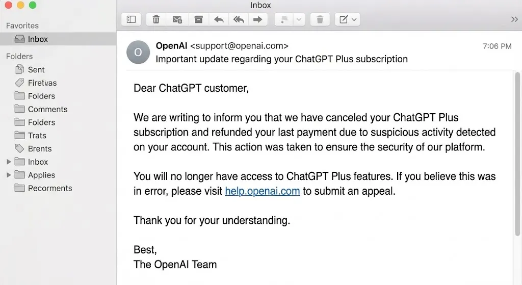 Письмо OpenAI: Your account has been disabled после оплаты подписки через посредника