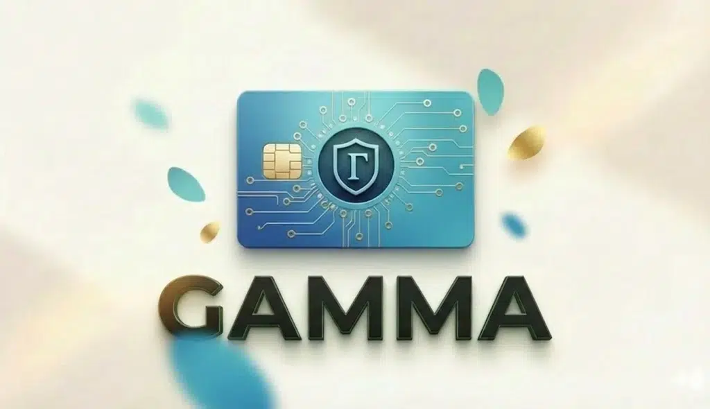 Успешная оплата подписки Gamma AI из России в 2026 году: банковская карта с логотипом Gamma и щитом безопасност