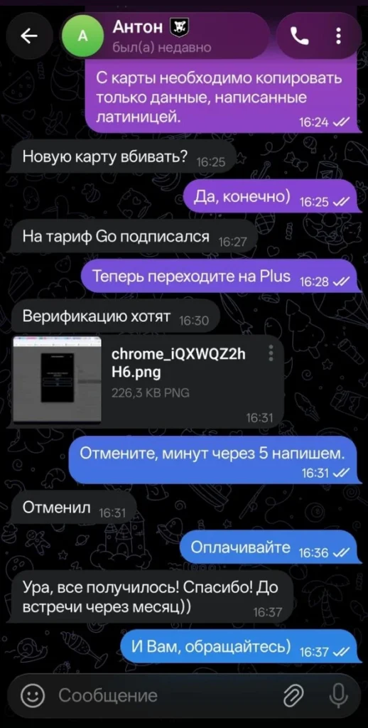 Отзыв клиента об оплате зарубежного сервиса через Oplatim.com, скриншот из Telegram 11