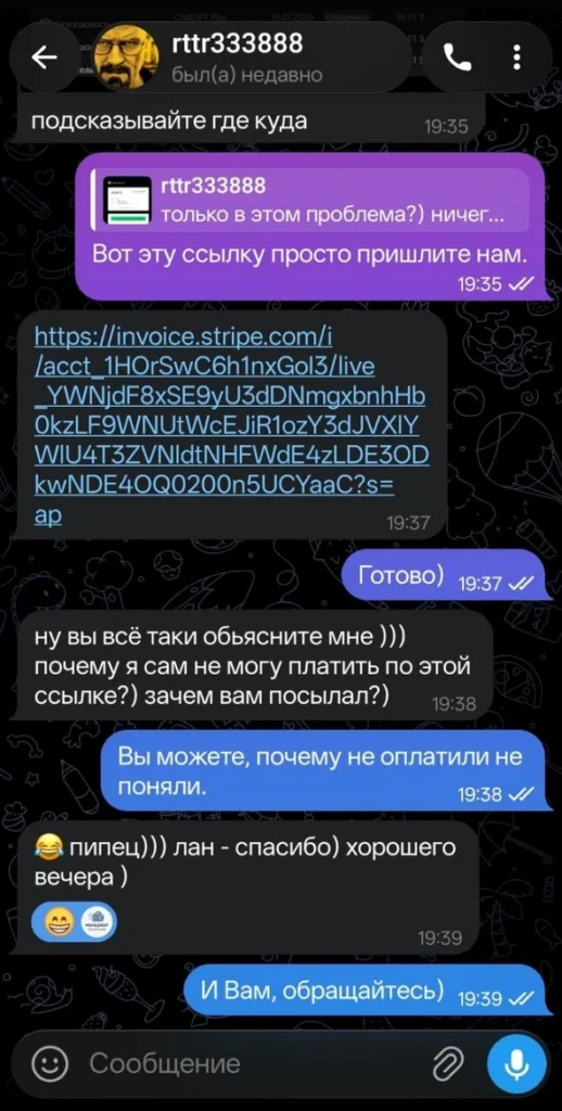Отзыв клиента об оплате зарубежного сервиса через Oplatim.com, скриншот из Telegram 15
