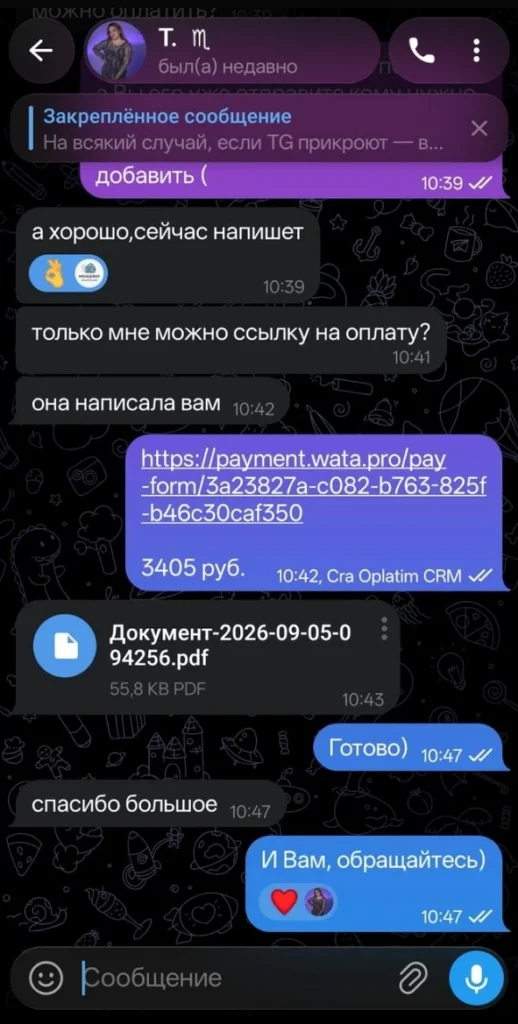 Отзыв клиента об оплате зарубежного сервиса через Oplatim.com, скриншот из Telegram 22